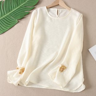 打底衫 W143 t恤女春气质百搭叠穿内搭新中式 透气花萝钉珠蝴蝶长袖
