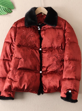 新中式国风提花盘扣棉服女冬高级感气质加厚保暖红色棉衣外套 F98