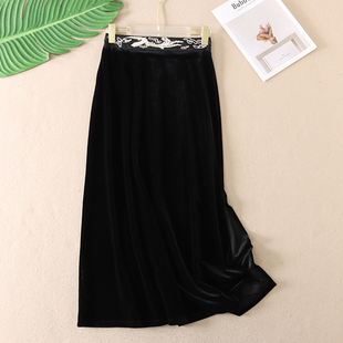 A字裙B633 百搭开衩长款 奢华气质 显瘦高腰刺绣丝绒半身裙女春新品