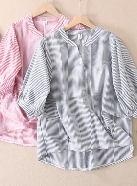 夏新显瘦竖条纹七分灯笼袖纯棉衬衫女透气套头V领百搭衬衣 WC3036