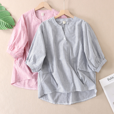 显瘦竖条纹七分灯笼袖纯棉衬衫