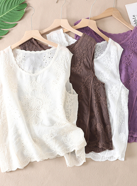 春夏文艺清爽薄款宽松纯棉软刺绣背心女透气凉快百搭T恤上衣W3369