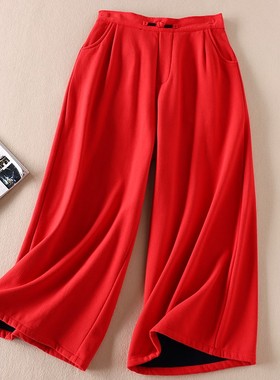 加绒加厚民族风盘扣红色棉麻休闲裤秋冬新款文艺九分阔腿裤 WD480