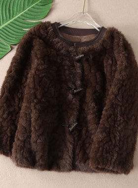 轻奢贵气 皮毛一体仿水貂绒皮草外套女冬保暖洋气牛角扣上衣W450