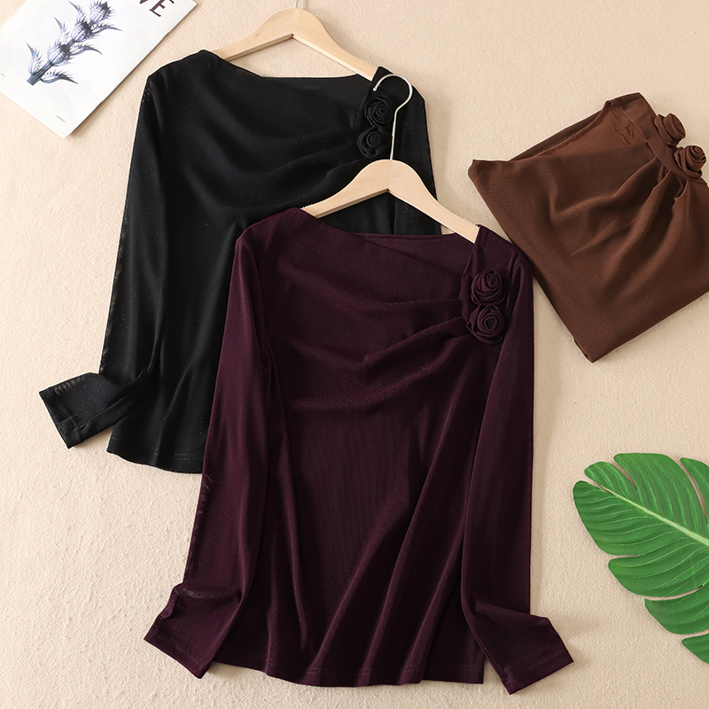 法式浪漫优雅立体花长袖网纱T恤