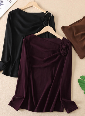 法式浪漫优雅立体花朵时尚斜领双层网纱T恤女安可拉红上衣 W2111