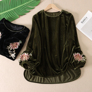 复古显贵气~刺绣花朵圆领金丝绒T恤女春新款宽松灯笼袖上衣 B703