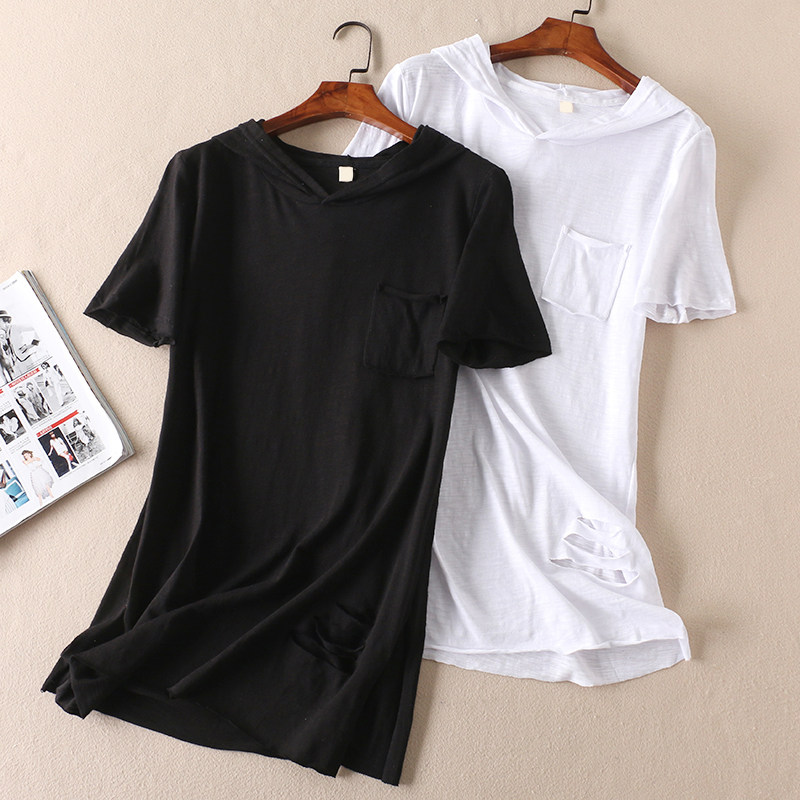 休闲洋气破洞夏季连帽竹节棉T恤女宽松开衩中长款短袖上衣 WD171,女装/女士精品,T恤,淘宝优惠券,粉丝福利购,淘宝优惠卷