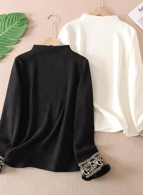 385克加厚超柔绒提花新中式高级感金丝线长袖T恤女冬新打底衫B676