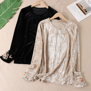 W146 t恤女秋新百搭显瘦垂感上衣 精美洋气马蹄刺绣新中式 丝绒长袖