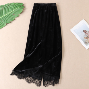 精致温婉显瘦高金丝绒半身裙女秋冬中长款过膝气质蕾丝A字裙W25