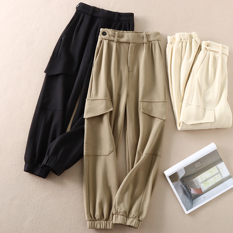 高腰斜纹棉大口袋工装裤女
