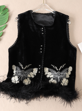 轻奢贵气新中式刺绣蝴蝶金丝绒马甲女洋气驼鸟毛无袖坎肩外套W264