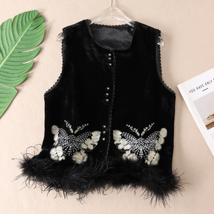 轻奢贵气新中式 坎肩外套W264 刺绣蝴蝶金丝绒马甲女洋气驼鸟毛无袖