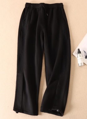 可束脚可直筒~黑色宽松休闲裤子女高腰毛圈跑步运动长裤 D401