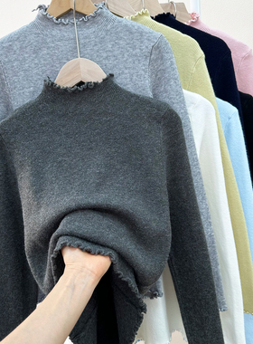 福利款~人手两件内搭叠穿木耳花边针织衫女冬半高领修身薄毛衣WA5