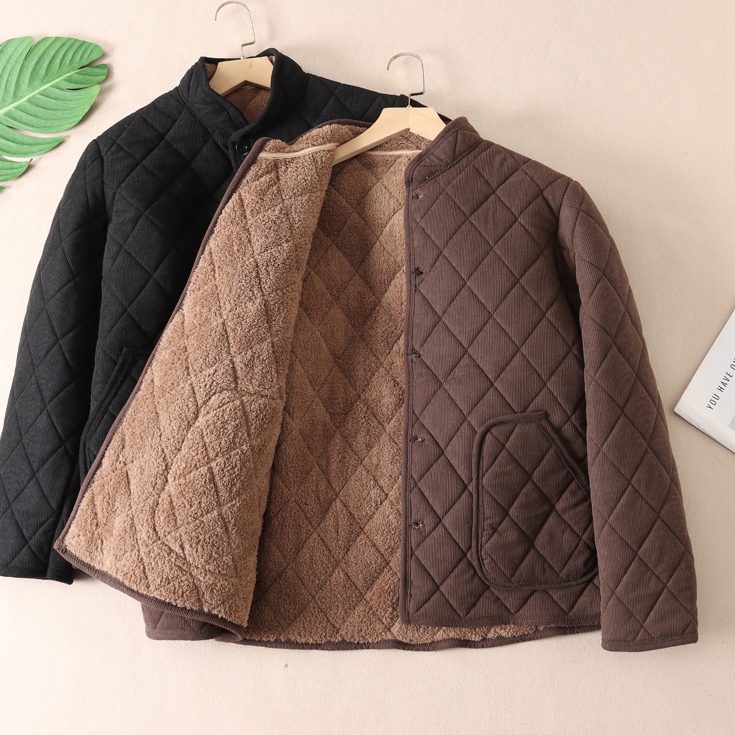 菱形格绗线加厚绒保暖灯芯绒棉衣