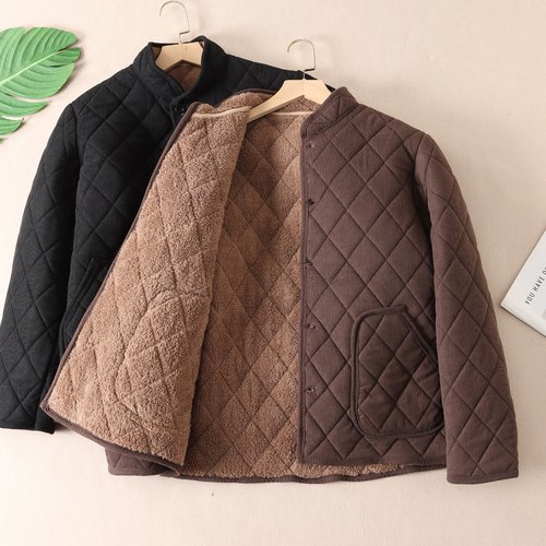 菱形格绗线加厚绒保暖灯芯绒棉衣