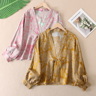 轻奢高级感气质提花丝锻蝙蝠型新中式 B871 上衣女V领国风防晒开衫