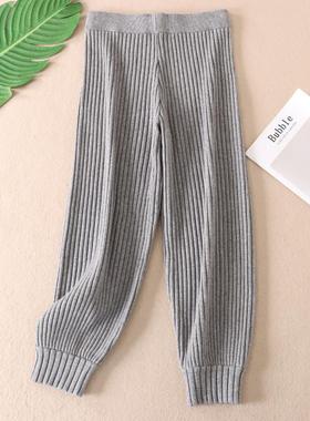 针织束脚裤冬季九分弹力显瘦提花竖条高腰女式宽松灯笼裤 A684
