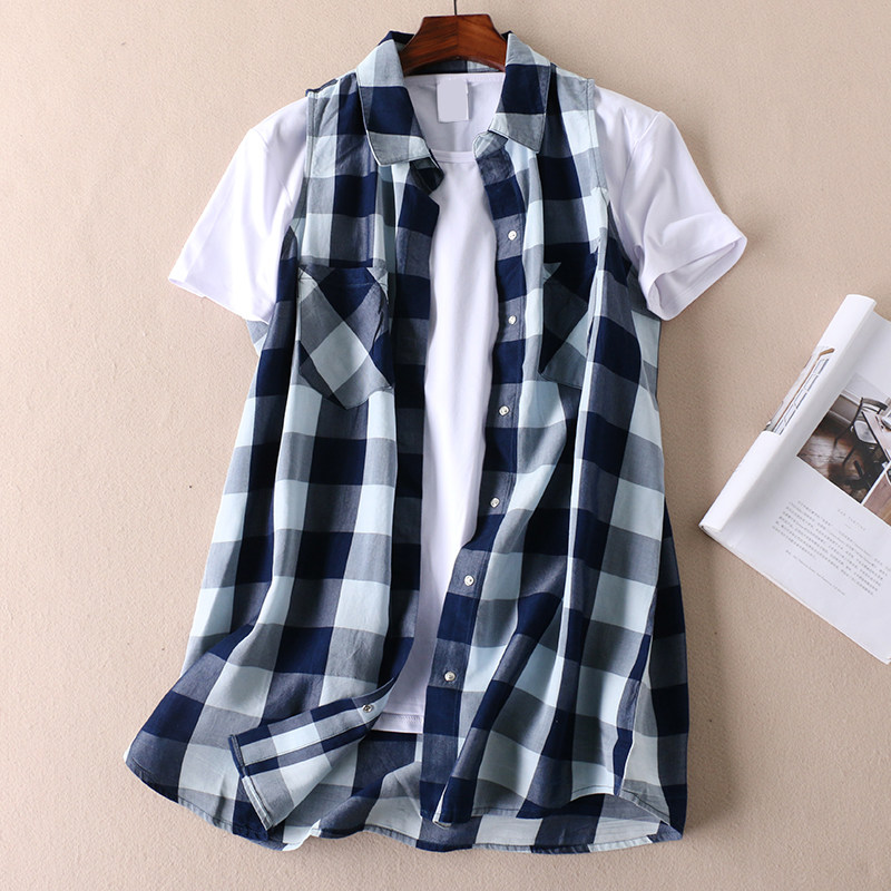 中长款格子衬衫女 夏季垂感无袖单排扣双口袋宽松马甲外套 wa141