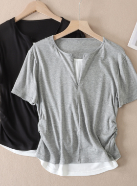 韩版时尚设计感假两件短袖T恤女夏季百搭拉链显瘦修身圆领上衣T90