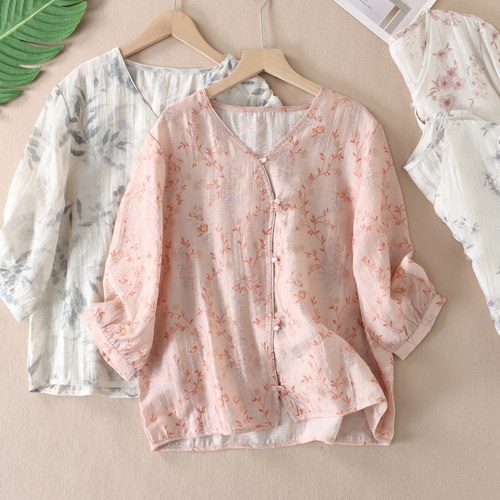 新中式丝滑禅意印花V领茶服衬衫