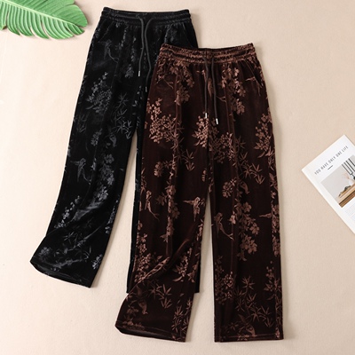 雅致文艺竹纹提花金丝绒阔腿长裤