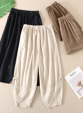 复古文艺宽松显瘦时尚蕾丝拼接休闲裤女夏季棉麻八分裤子 F34
