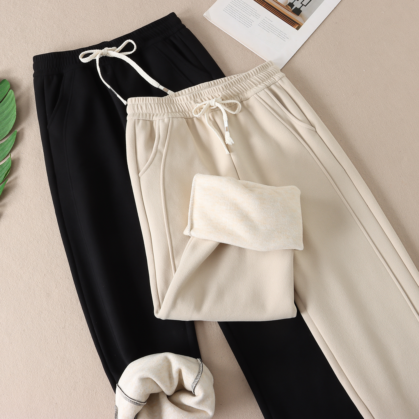 立体鱼骨线羊毛蚕丝加绒直筒裤