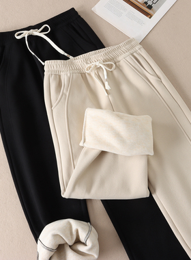 560克显瘦立体鱼骨线羊毛蚕丝加厚绒直筒裤女百搭休闲裤子冬3304