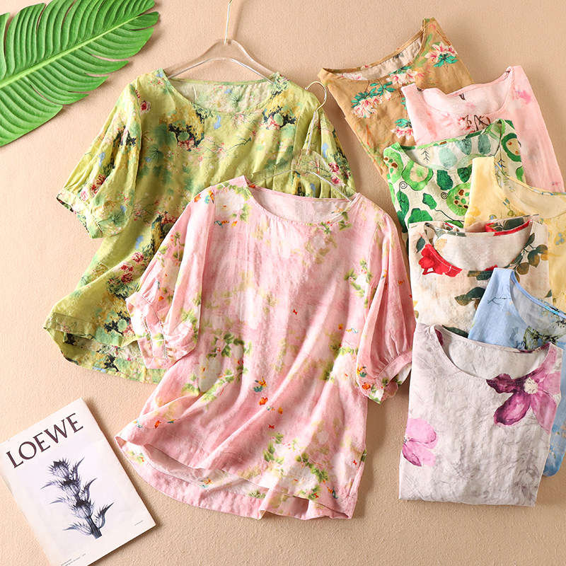 盛夏时光~柔软透气水洗棉麻宽松短袖文艺棉麻t恤圆领上衣女 w503