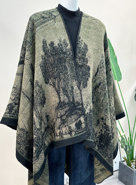 双面穿秋冬高级感水墨织纹仿羊绒保暖加厚披肩女时尚旅游斗篷G86