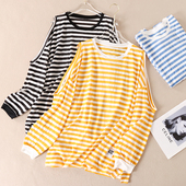 上衣 韩版 洋气露肩宽松慵懒风圆领T恤女夏软糯亲肤条纹长袖 WC639