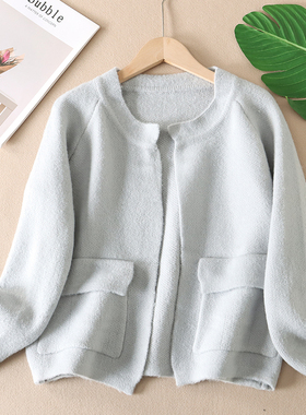 福利款~秋冬简约百搭短款女士灰色针织衫外穿长袖开衫外套厚 A940