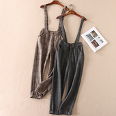 显瘦复古格子洋气纽扣哈伦九分休闲裤 可脱卸毛呢背带裤 冬季 WD239