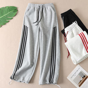 子女冬加厚阔腿两穿束脚休闲卫裤 棉质加绒运动裤 F40 美式 530克