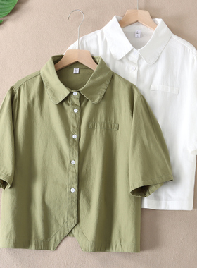 清新文艺娃娃翻领短袖水洗纯棉衬衫女夏透气吸汗单排扣衬衣 X486