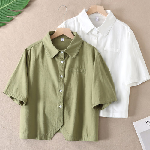 清新文艺风娃娃翻领纯棉短袖衬衫