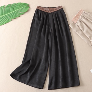 松弛洒脱气质民族风刺绣高腰阔腿裤 W203 女凉感垂坠醋酸缎提花裙裤