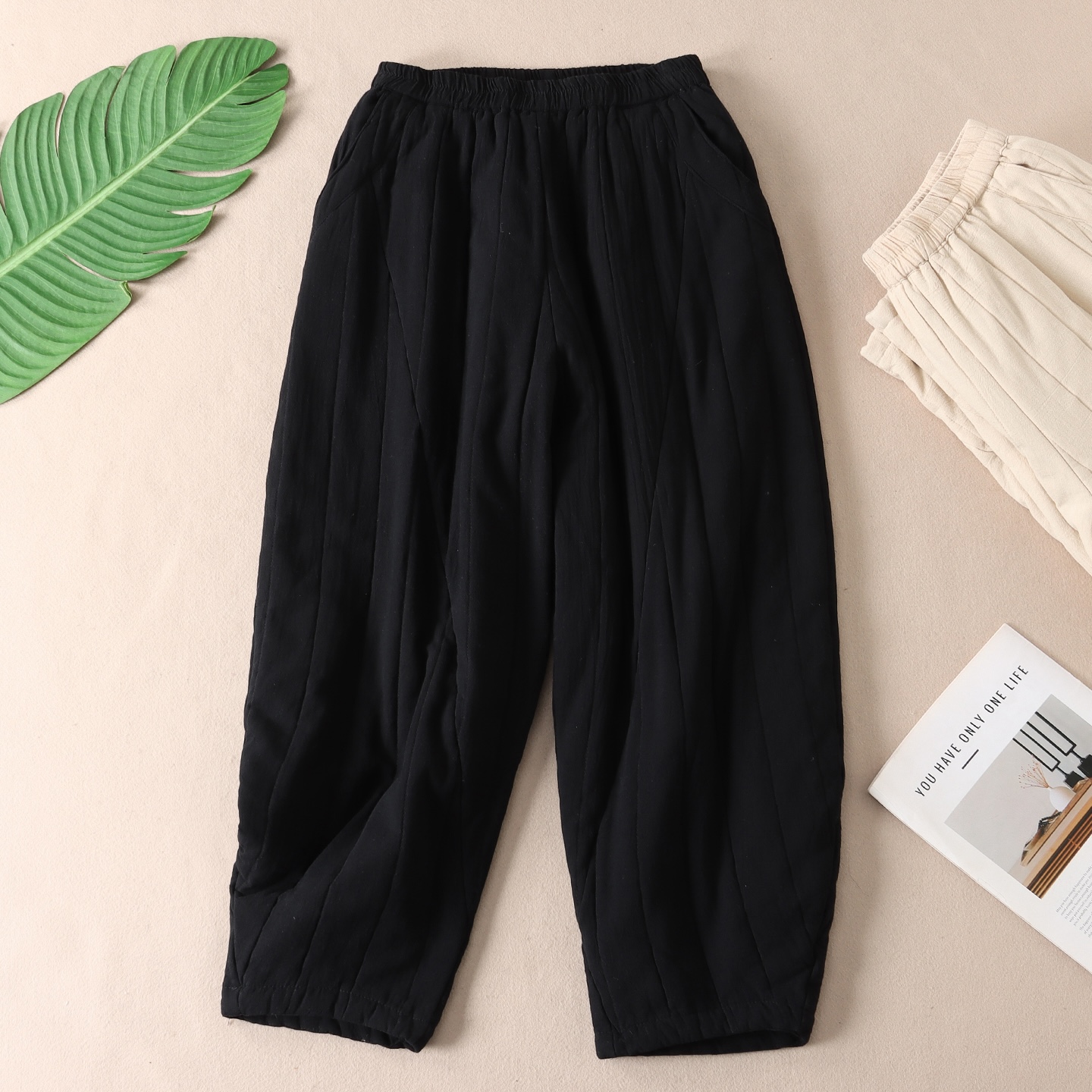 水洗纯棉文艺绗线棉裤宽松哈伦裤