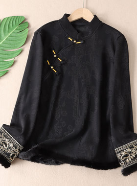 洋气新中式加绒加厚毛边衬衫女秋冬复古盘扣金丝亮片刺绣上衣F100