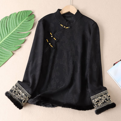 洋气新中式金丝亮片刺绣毛毛衬衫