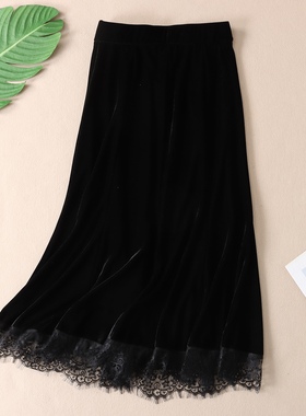 摇曳生姿优雅气质丝绒蕾丝鱼尾裙女2025秋显瘦高腰中长半身裙W391