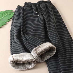 洋气条纹休闲直筒裤 女冬韩版 F577 特厚零下加厚绒休闲裤 780克