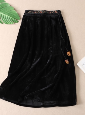 新中式重工刺绣金丝绒半身裙国风流苏复古气质秋冬A字大摆裙W1616