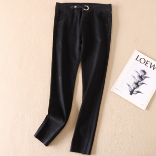 显瘦毛边九分铅笔裤 黑色牛仔裤 饰高腰修身 圆环装 D668 女秋新时尚