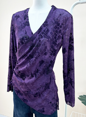 妩媚迷人~洋气雪花绒微透视性感V领不规则收腰显瘦衬衫上衣女W267