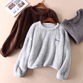 收腰宽松珊瑚绒衫 双面绒加厚套头休闲卫衣女冬韩版 时髦短款 WA3152