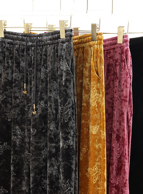 垂坠蚕丝绒阔腿裤女秋新烫花蝴蝶高级感新中式宽松拖地长裤 F3181